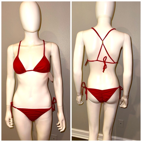 RISE CITY SWIM 👙 red triangle halter Brazilian scrunch butt tiny bikini M L - Picture 1 of 7